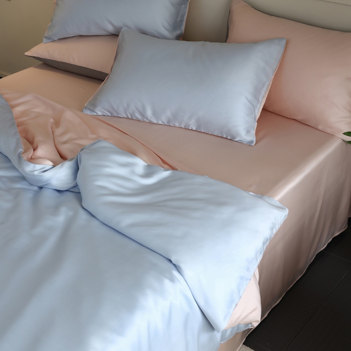 91家纺网 家纺一手货源 找家纺 轩和 2025新款A类LF60S兰精天丝单品枕套 夏日蓝+告白粉