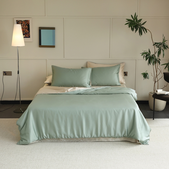 91家纺网 家纺一手货源 找家纺 轩和 2025新款A类LF60S兰精天丝单品被套 春熙绿+铂光金