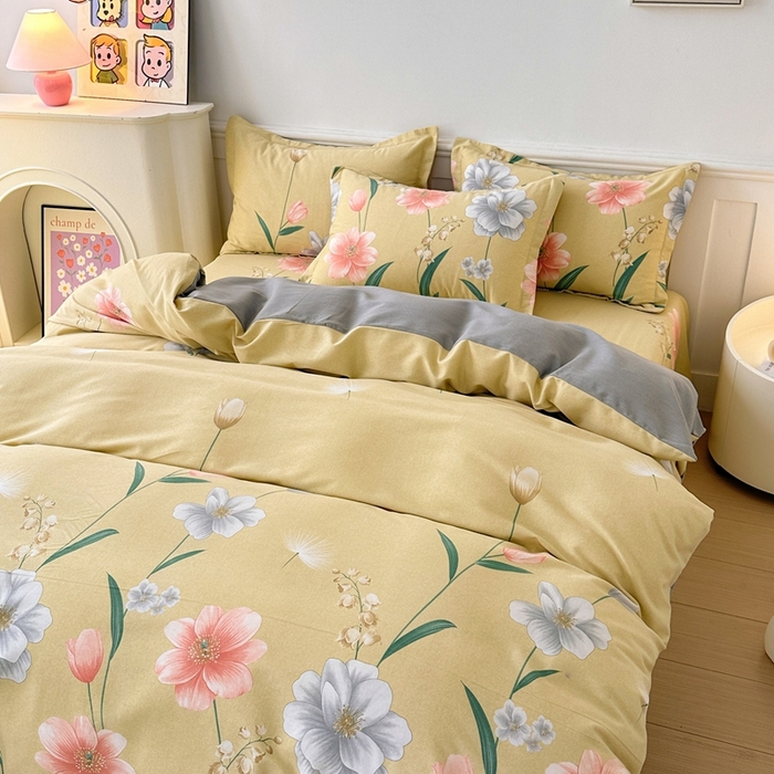 91家纺网 家纺一手货源 找家纺 2025新款加厚生态磨毛床单四件套 金花浮梦