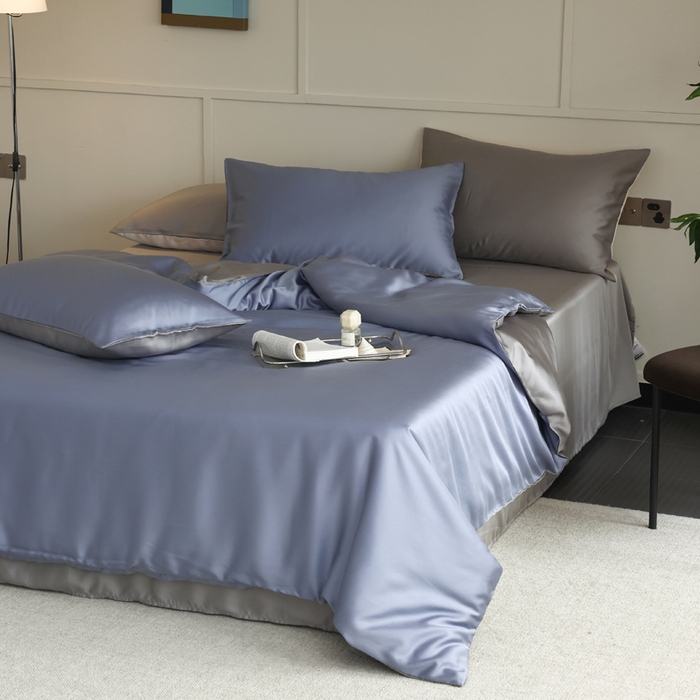 91家纺网 家纺一手货源 找家纺 轩和 2025新款A类LF60S兰精天丝单品枕套 劳伦蓝+伯爵灰