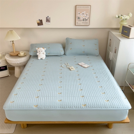 叠派家纺 2024新款水洗棉刺绣夹棉床笠 蝴蝶结-浅蓝