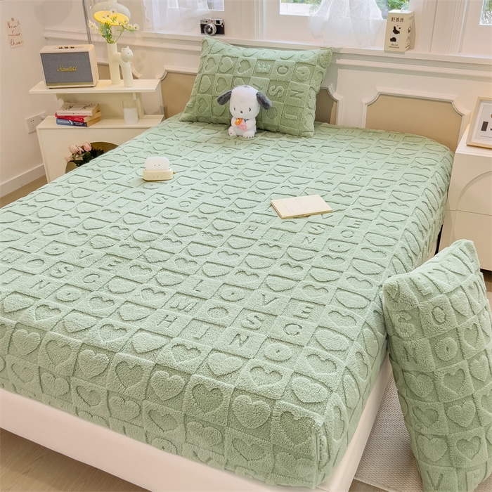 91家纺网 家纺一手货源 找家纺 欧邦 新款爱心款提花塔芙绒床笠款单品床笠 橄榄绿-床笠款