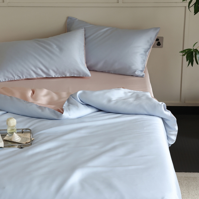 91家纺网 家纺一手货源 找家纺 轩和 2025新款A类LF60S兰精天丝单品枕套 夏日蓝+告白粉