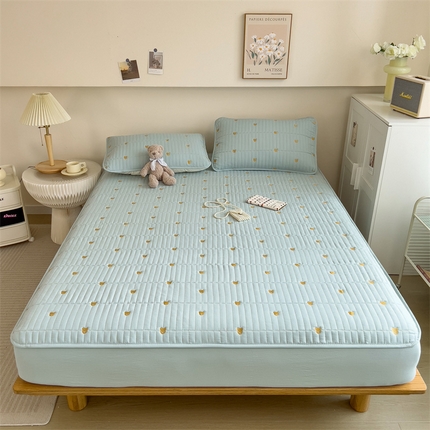 叠派家纺 2024新款水洗棉刺绣夹棉床笠 小熊-浅蓝