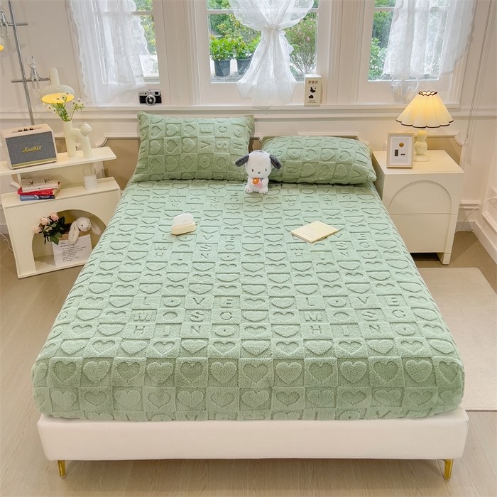 91家纺网 家纺一手货源 找家纺 欧邦 新款爱心款提花塔芙绒床笠款单品床笠 橄榄绿-床笠款