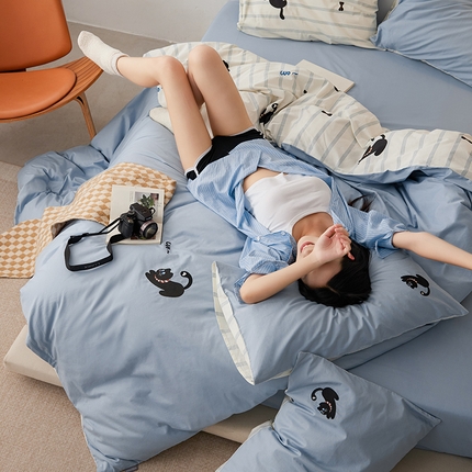 禾时 2024新款爆品全棉纯棉印花刺绣四件套学生宿舍三件套卡通小清新 猫咪卡卡-卡通系