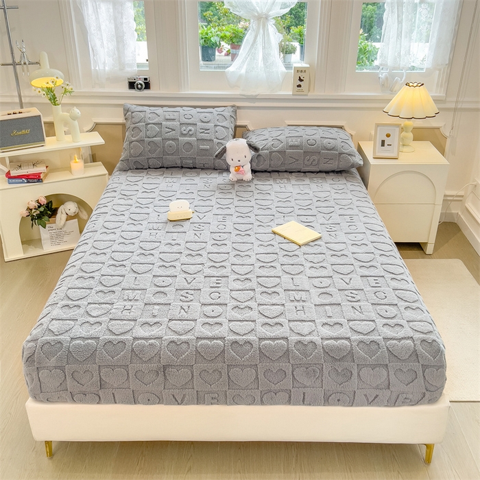 91家纺网 家纺一手货源 找家纺 欧邦 新款爱心款提花塔芙绒床笠款单品床笠 雅致灰-床笠款