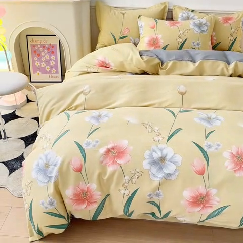 91家纺网 家纺一手货源 找家纺 2025新款加厚生态磨毛床笠四件套 金花浮梦