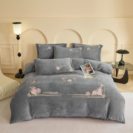 云锦家居 2024新款牛奶绒绣花四件套 玫瑰佳人-灰