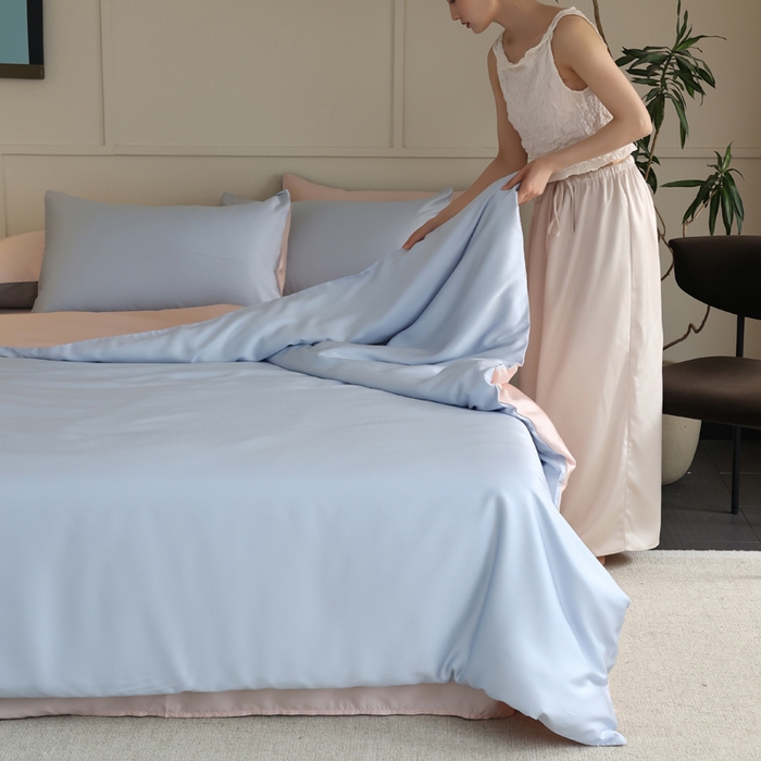 91家纺网 家纺一手货源 找家纺 轩和 2025新款A类LF60S兰精天丝单品被套 夏日蓝+告白粉