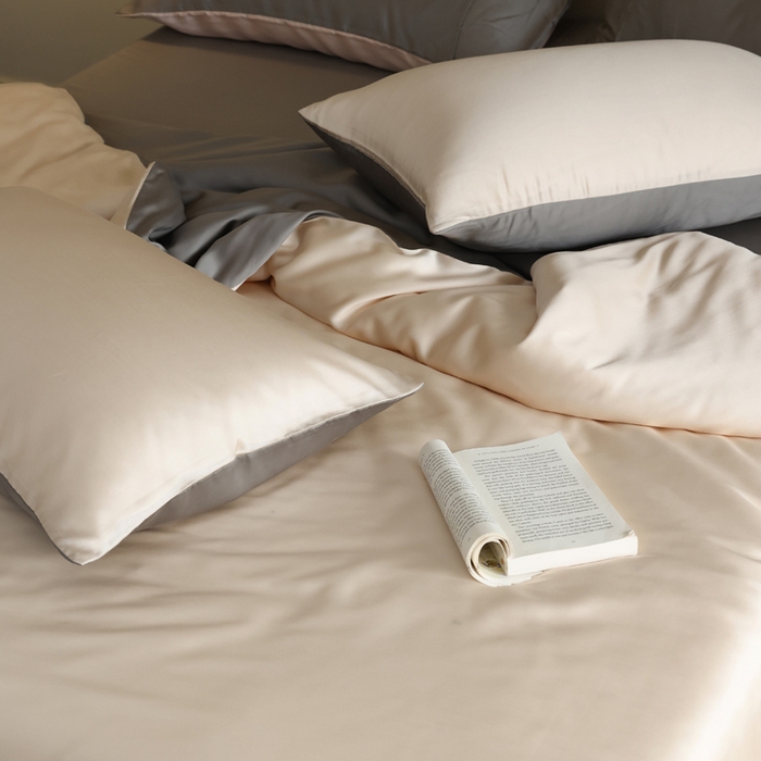 91家纺网 家纺一手货源 找家纺 轩和 2025新款A类LF60S兰精天丝单品枕套 奶酪黄+伯爵灰