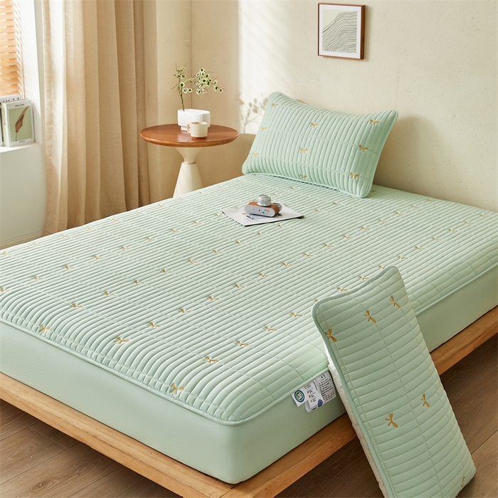 91家纺网 家纺一手货源 找家纺 叠派家纺 2024新款水洗棉刺绣夹棉床笠 蝴蝶结-果绿