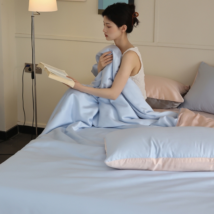 91家纺网 家纺一手货源 找家纺 轩和 2025新款A类LF60S兰精天丝单品被套 夏日蓝+告白粉