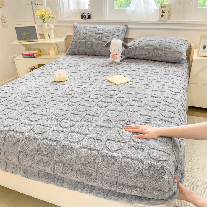 91家纺网 家纺一手货源 找家纺 欧邦 新款爱心款提花塔芙绒床笠款单品床笠 雅致灰-床笠款