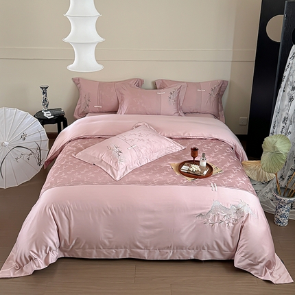 91家纺网 家纺一手货源 找家纺 诗黛尔 2024秋冬新款新中式长绒棉提花刺绣四件套-竹韵系列 竹韵-公主莎