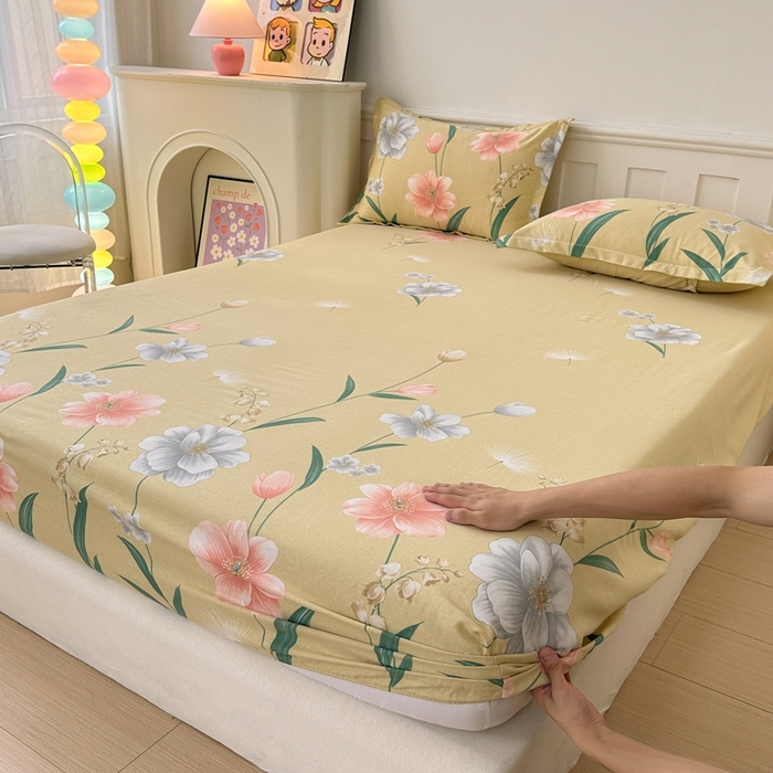 91家纺网 家纺一手货源 找家纺 2025新款加厚生态磨毛床笠四件套 金花浮梦