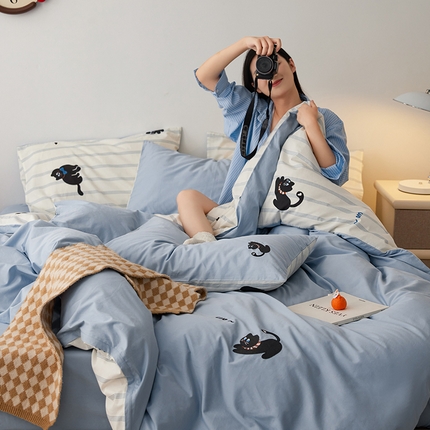 91家纺网 家纺一手货源 找家纺 （总）禾时 2024新款爆品全棉纯棉印花刺绣四件套学生宿舍三件套卡通小清新