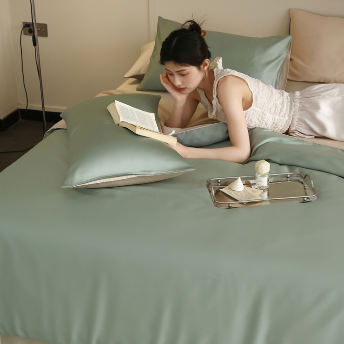 91家纺网 家纺一手货源 找家纺 轩和 2025新款A类LF60S兰精天丝单品被套 春熙绿+铂光金