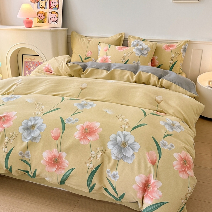 91家纺网 家纺一手货源 找家纺 2025新款加厚生态磨毛床单四件套 金花浮梦