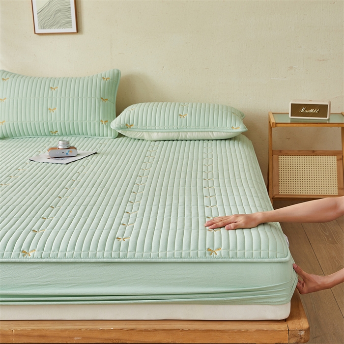 91家纺网 家纺一手货源 找家纺 叠派家纺 2024新款水洗棉刺绣夹棉床笠 蝴蝶结-果绿