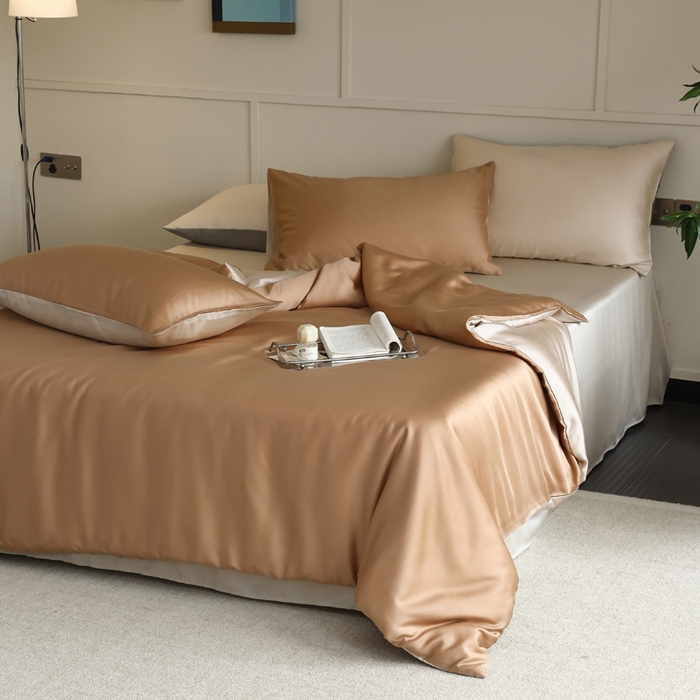 91家纺网 家纺一手货源 找家纺 轩和 2025新款A类LF60S兰精天丝单品枕套 拿铁咖+铂光金