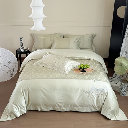 91家纺网 家纺一手货源 找家纺 诗黛尔 2024秋冬新款新中式长绒棉提花刺绣四件套-竹韵系列 竹韵-叶青