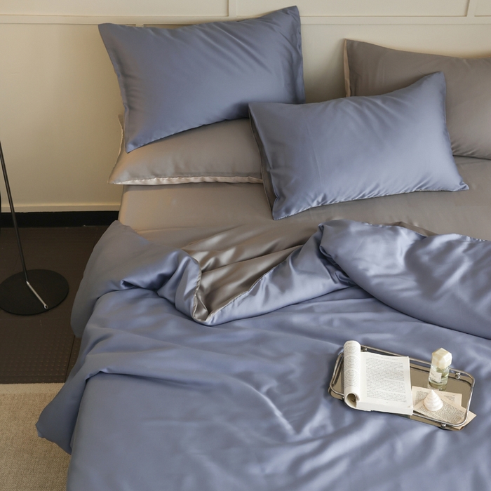 91家纺网 家纺一手货源 找家纺 轩和 2025新款A类LF60S兰精天丝单品枕套 劳伦蓝+伯爵灰