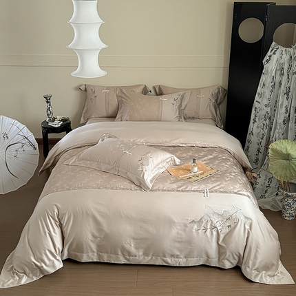 91家纺网 家纺一手货源 找家纺 诗黛尔 2024秋冬新款新中式长绒棉提花刺绣四件套-竹韵系列 竹韵-王子咖