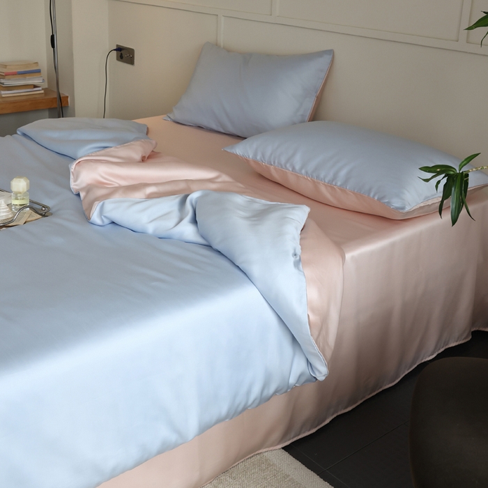 91家纺网 家纺一手货源 找家纺 轩和 2025新款A类LF60S兰精天丝单品枕套 夏日蓝+告白粉