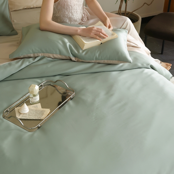 91家纺网 家纺一手货源 找家纺 轩和 2025新款A类LF60S兰精天丝单品被套 春熙绿+铂光金