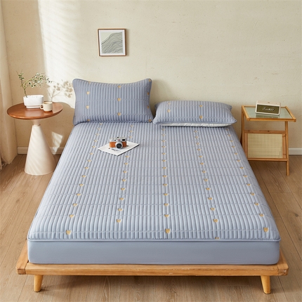 叠派家纺 2024新款水洗棉刺绣夹棉床笠 小熊-蓝灰