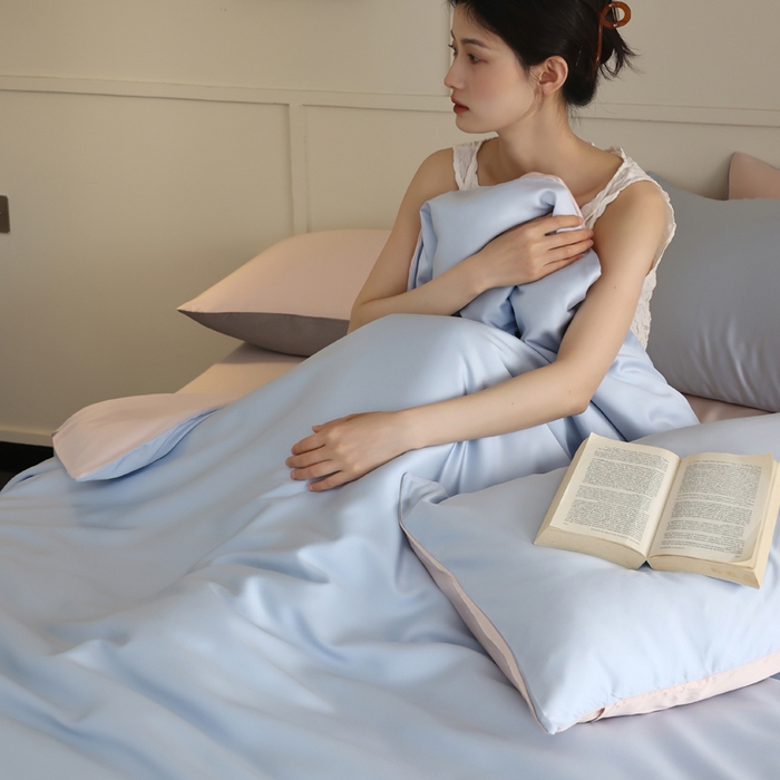 91家纺网 家纺一手货源 找家纺 轩和 2025新款A类LF60S兰精天丝单品被套 夏日蓝+告白粉