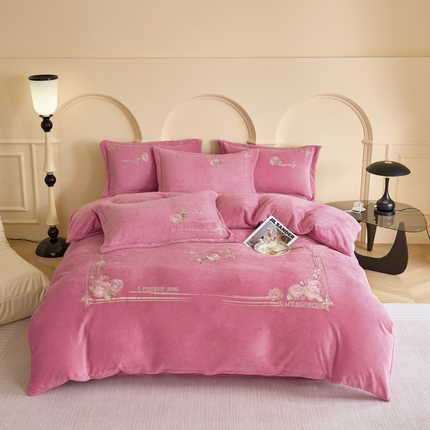 云锦家居 2024新款牛奶绒绣花四件套 玫瑰佳人-粉