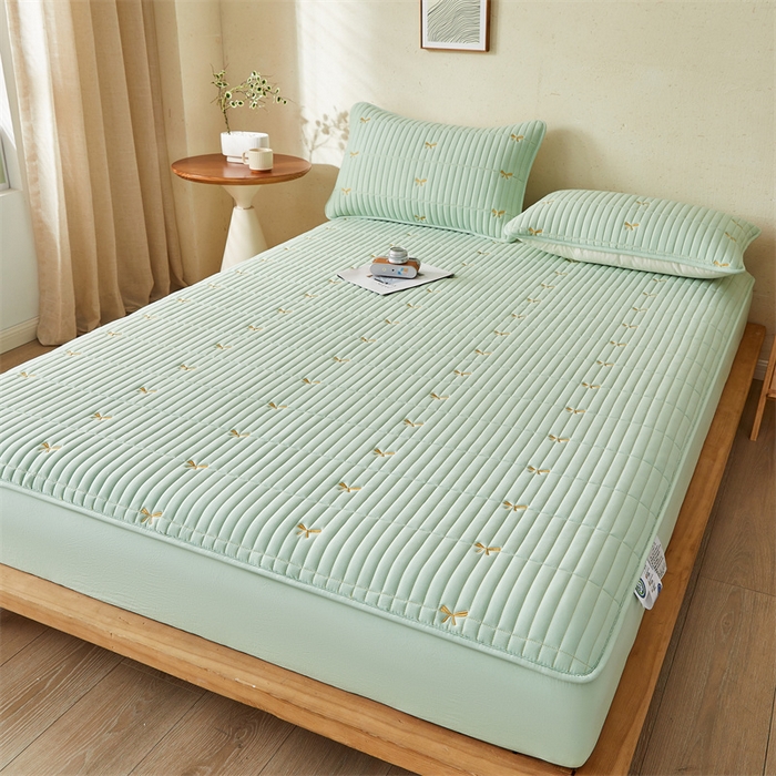 91家纺网 家纺一手货源 找家纺 叠派家纺 2024新款水洗棉刺绣夹棉床笠 蝴蝶结-果绿