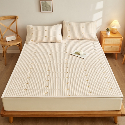 叠派家纺 2024新款水洗棉刺绣床护垫 蝴蝶-卡其