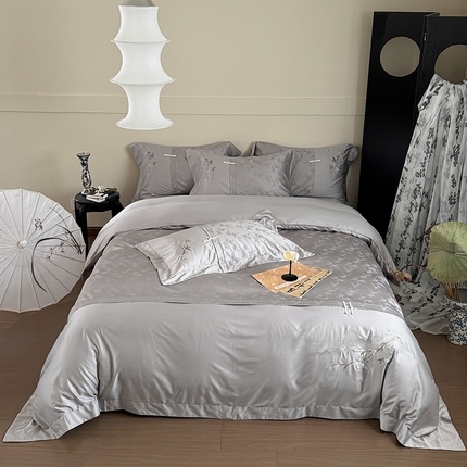 91家纺网 家纺一手货源 找家纺 诗黛尔 2024秋冬新款新中式长绒棉提花刺绣四件套-竹韵系列 竹韵-高级灰