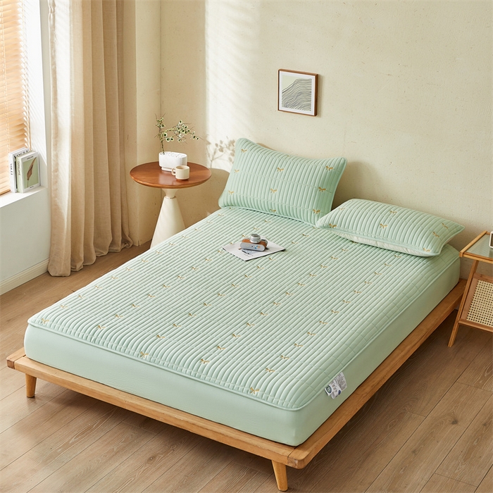 91家纺网 家纺一手货源 找家纺 叠派家纺 2024新款水洗棉刺绣夹棉床笠 蝴蝶结-果绿