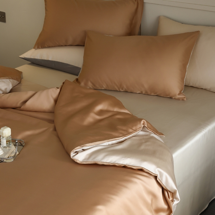 91家纺网 家纺一手货源 找家纺 轩和 2025新款A类LF60S兰精天丝单品枕套 拿铁咖+铂光金