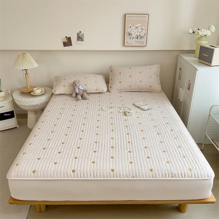 叠派家纺 2024新款水洗棉刺绣夹棉床笠 小熊-卡其