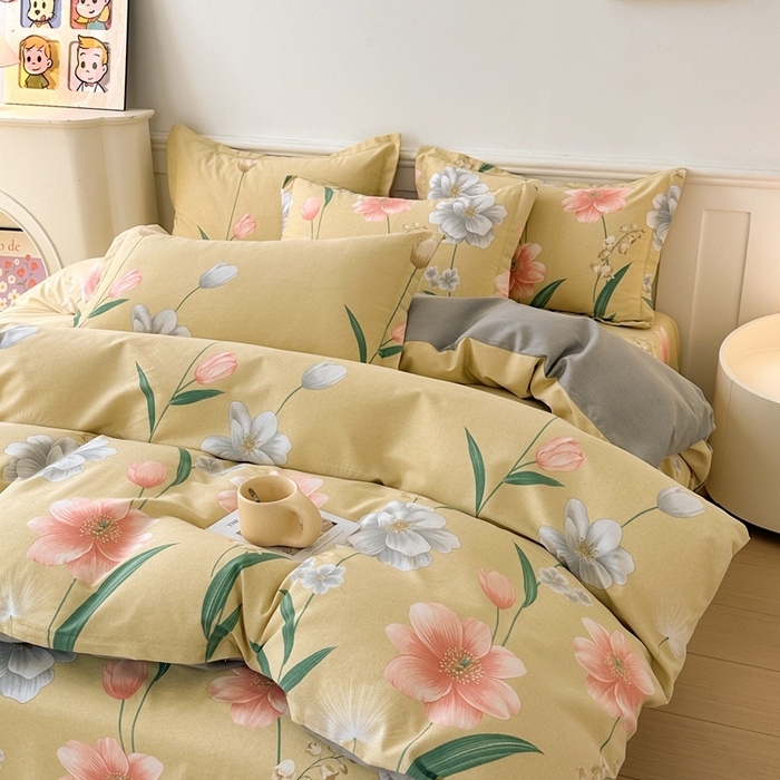 91家纺网 家纺一手货源 找家纺 2025新款加厚生态磨毛床单四件套 金花浮梦