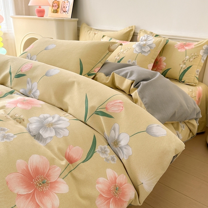 91家纺网 家纺一手货源 找家纺 2025新款加厚生态磨毛床单四件套 金花浮梦