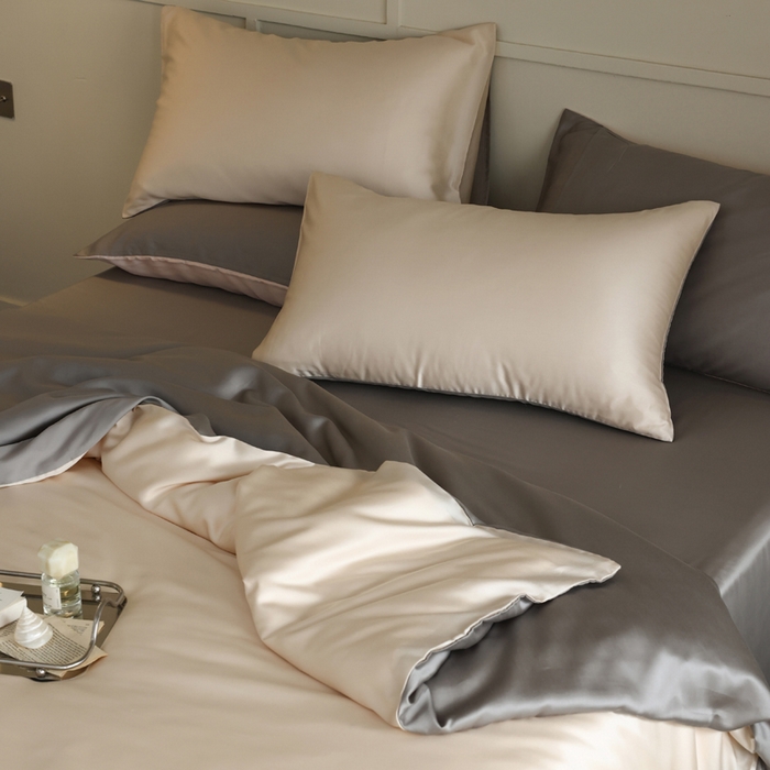 91家纺网 家纺一手货源 找家纺 轩和 2025新款A类LF60S兰精天丝单品枕套 奶酪黄+伯爵灰