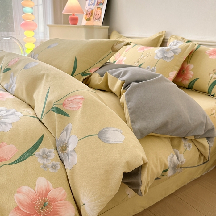 91家纺网 家纺一手货源 找家纺 2025新款加厚生态磨毛床单四件套 金花浮梦