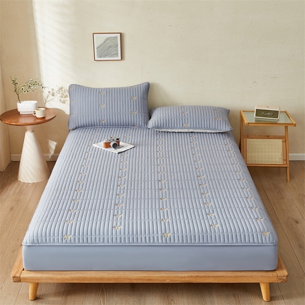 叠派家纺 2024新款水洗棉刺绣夹棉床笠 蝴蝶结-蓝灰