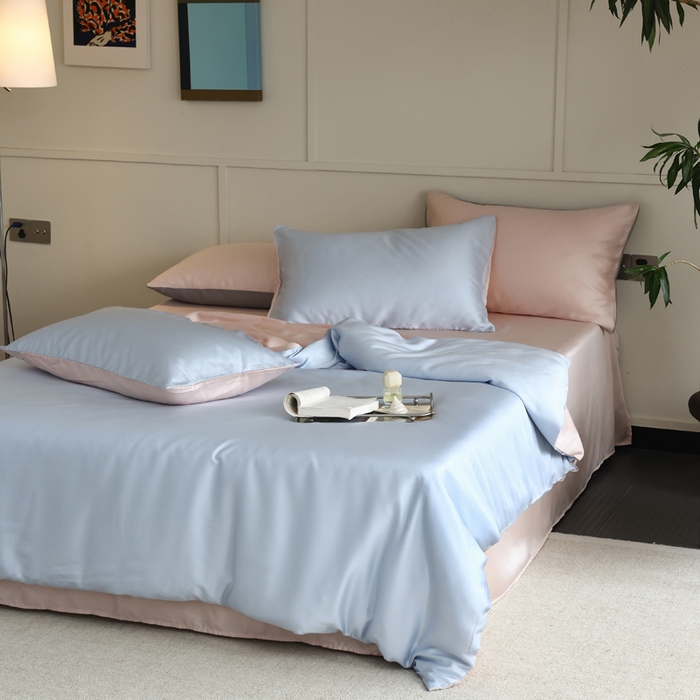 91家纺网 家纺一手货源 找家纺 轩和 2025新款A类LF60S兰精天丝单品枕套 夏日蓝+告白粉