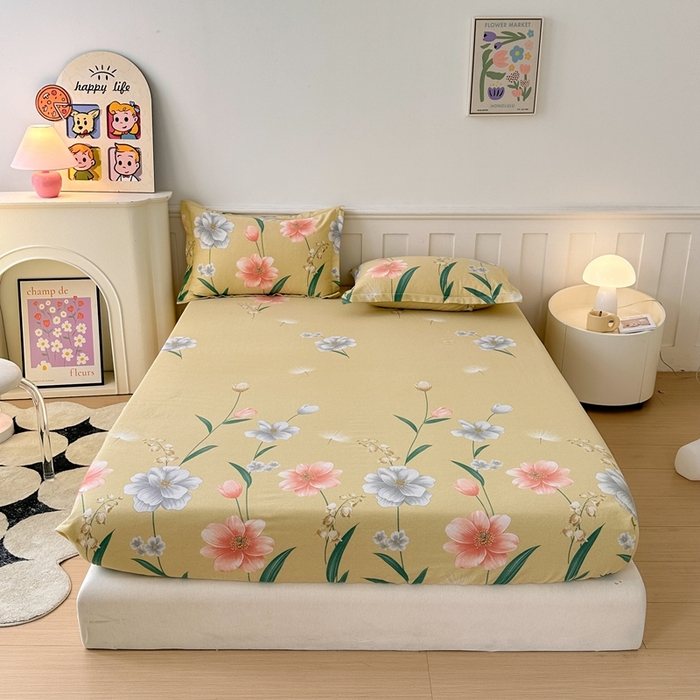 91家纺网 家纺一手货源 找家纺 2025新款加厚生态磨毛床笠四件套 金花浮梦