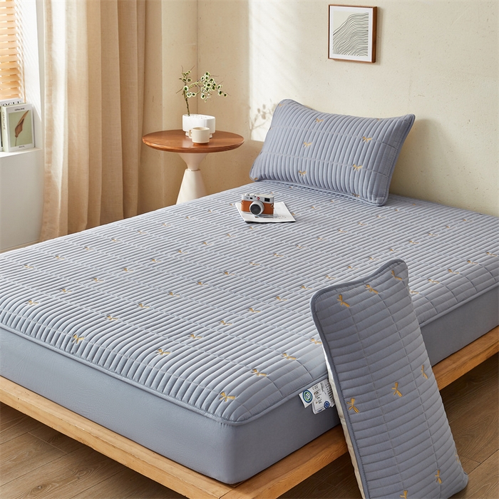 91家纺网 家纺一手货源 找家纺 叠派家纺 2024新款水洗棉刺绣夹棉床笠 蝴蝶结-蓝灰