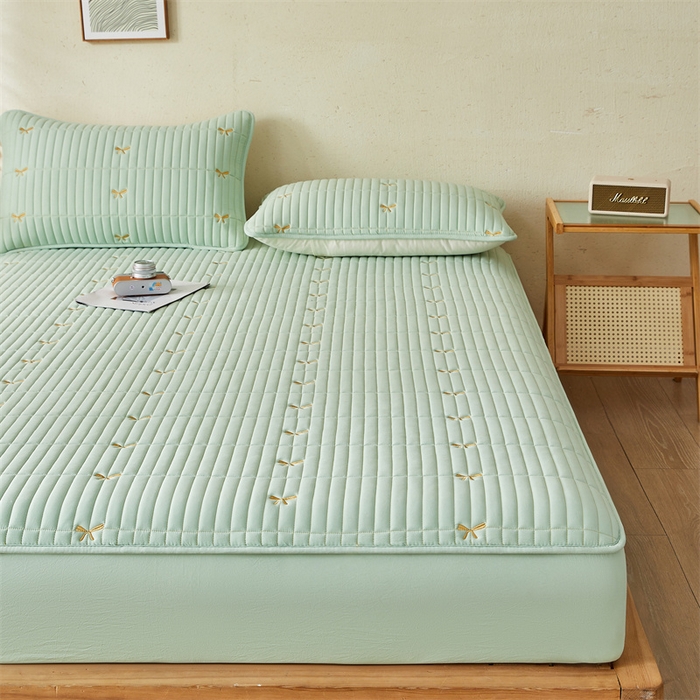 91家纺网 家纺一手货源 找家纺 叠派家纺 2024新款水洗棉刺绣夹棉床笠 蝴蝶结-果绿