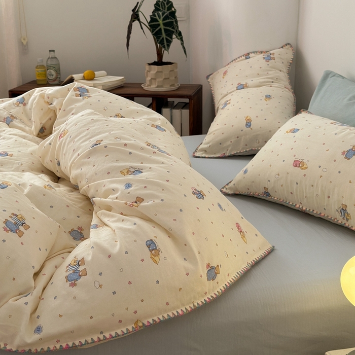 91家纺网 家纺一手货源 找家纺 洋铭区（原狠狠爱） 2024新款全棉双层纱四件套 牵手小熊