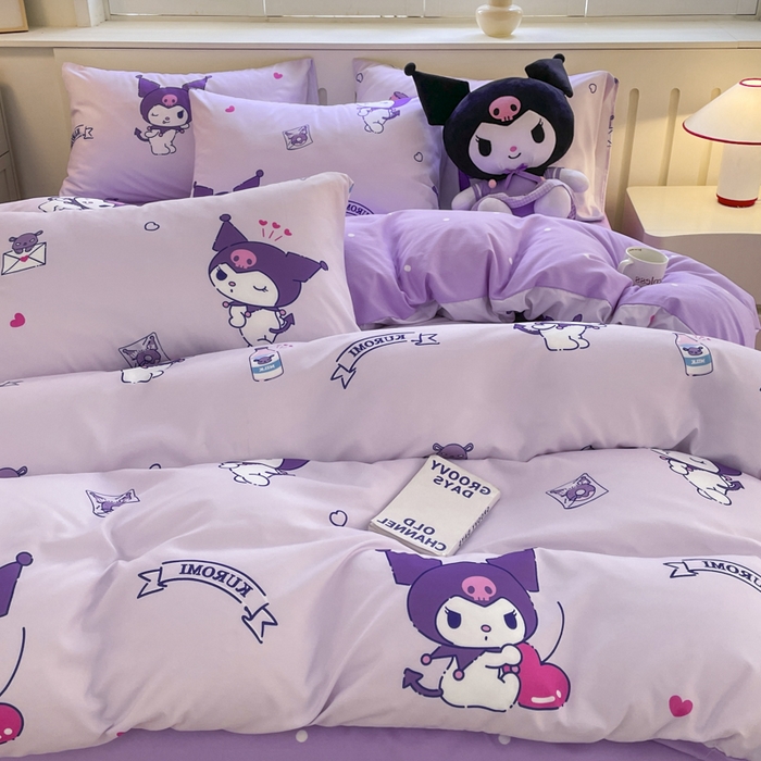 91家纺网 家纺一手货源 找家纺 海岛哥哥 2025新款A类云朵水洗棉三丽鸥正版授权四件套-大床图 三丽鸥-库洛米之心